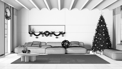 Blueprint unfinished project draft, modern living room with sofa and carpet, parquet and vaulted ceiling. Christmas tree and presents, scandinavian minimalist interior design