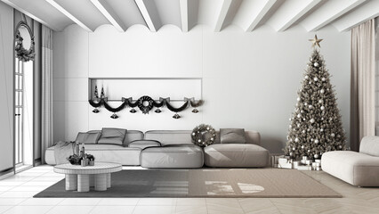 Architect interior designer concept: hand-drawn draft unfinished project that becomes real, modern living room. Christmas tree and presents, scandinavian minimalist style