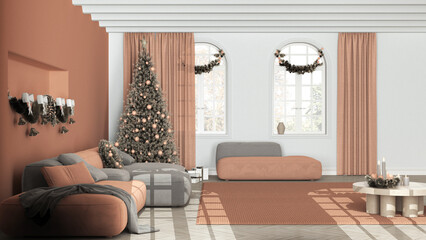 Minimal modern living room in white and orange tones with parquet and vaulted ceiling, Velvet sofa and carpet. Christmas tree and decors, winter, new year interior design