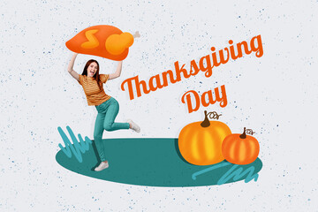Artwork collage image of overjoyed mini girl dancing arms hold baked turkey thanksgiving day...