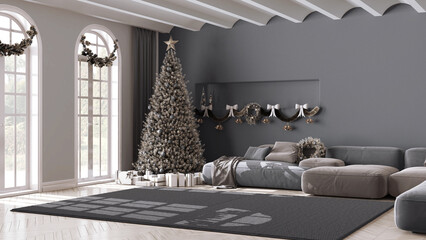 Winter, Christmas, New Year interior design in minimal living room with parquet floor and vaulted ceiling. Sofa and carpet, white and gray modern minimal architecture - obrazy, fototapety, plakaty