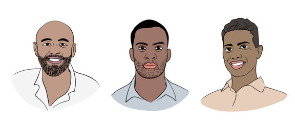 Asians, African-American, Ethiopian. Representative of Central Asia, representative of Africa, representative of Indonesia. Mulattoes. The faces of adult men with a tan.