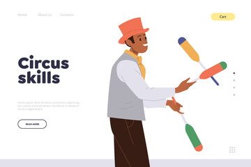 Circus skills promotion landing page template with talented juggler performing with clubs design
