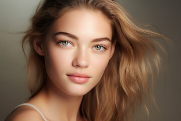 Naklejka premium Skincare, Woman with beautiful face healthy facial skin, Fascinating , portrait of confident girl model with natural makeup enjoys glowing hydrated skin on beige background.