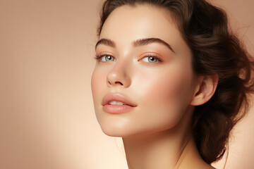 Fototapeta premium Skincare, Woman with beautiful face healthy facial skin, Fascinating , portrait of confident girl model with natural makeup enjoys glowing hydrated skin on beige background.