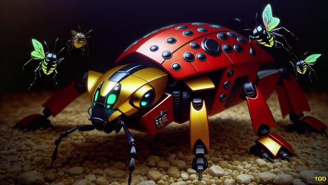 Shiny Red Robot Insect. Generative AI. An animated morphing multi-colored insect robot.