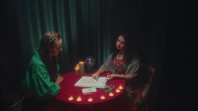 Medium long shot of fortune teller talking to client about chakra chart during prediction sessionMedium long shot of fortune teller talking to client about chakra chart during prediction session
