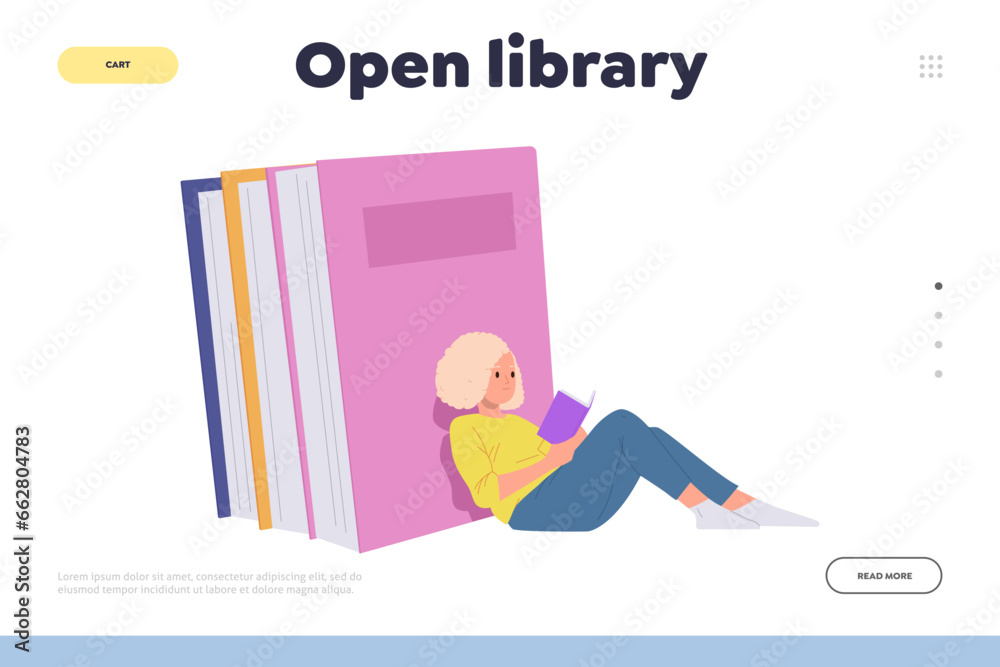 Wall mural open library online service landing page design template with smart girl child reading favorite book - Wall murals