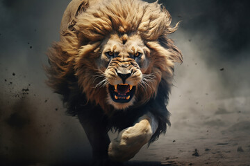 野生の襲い掛かるライオン - obrazy, fototapety, plakaty