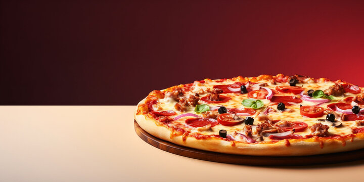minimal photography of a top pizza with copy space. light red color backgroun. minimalism