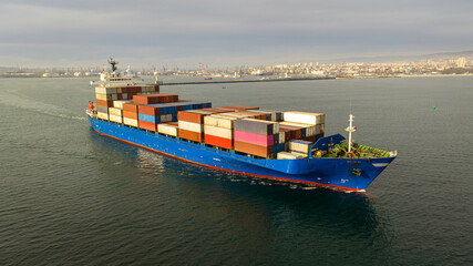 Large container ship at sea. Aerial view of cargo container ship vessel import export container...