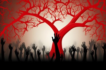 World AIDS Day Concept Red Blood Tree and People's   silhouette Hands Below Black 