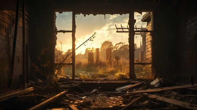 traces of war remaining ruins. an abandoned building with an opening broken window. rusty debris. generative AI
