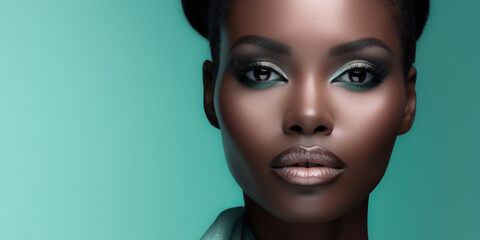 Young Black Female Model in front of solid color background.