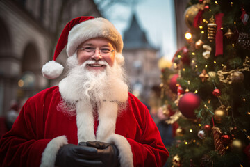 Santa Claus Standing Beside a Beautifully Decorated Christmas Tree, Capturing the Essence of Christmas