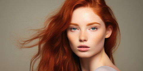 Fototapeta premium Young Female Redhead model portrait in front of solid color background