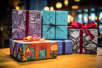 Playful Christmas Gifts Illustrated in Comic Style, Boasting Bold Outlines and Vibrant Colors