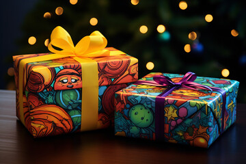 Playful Christmas Gifts Illustrated in Comic Style, Boasting Bold Outlines and Vibrant Colors