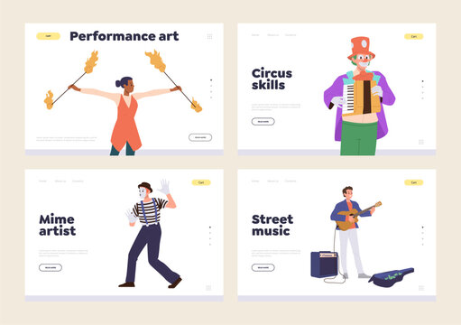 Landing page design template set advertising street public performance of different artist