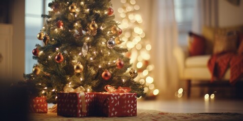Festive Christmas Tree with Glowing Lights, Colorful Ornaments, and Winter Decorations as the Perfect Holiday Decoration for Celebrating the Festive Season.