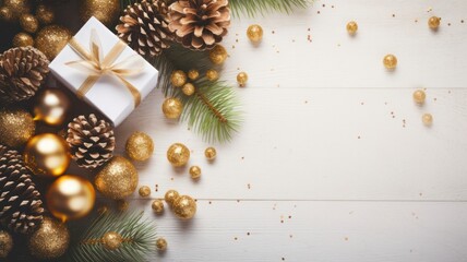 Festive Holiday Spread: Glittery Christmas Decorations and Gifts on Golden Flatlay Background with Pine Cones, Fir Branches, and Snowy Ornaments.