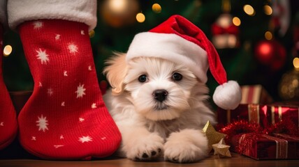 Adorable Christmas Puppy Gets Stuck in Stocking with Santa Hat and Gifts - A Funny Holiday Concept for Animal Lovers