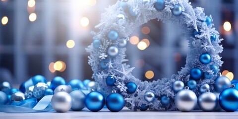Blue Festive Decorations: Christmas Ornaments, Wreaths, and Garland on Table Background