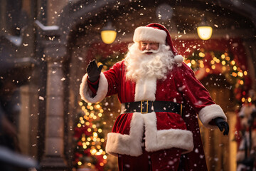 Santa Claus's Majestic Arrival, Stepping Out from a Door Entrance in His Vibrant Iconic Red Suit, Eyes Twinkling with Festive Joy