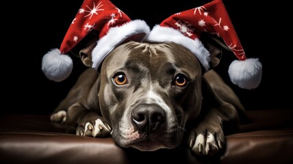 Festive Grey and White Pitbull with Red Antlers Poses for Holiday Portrait