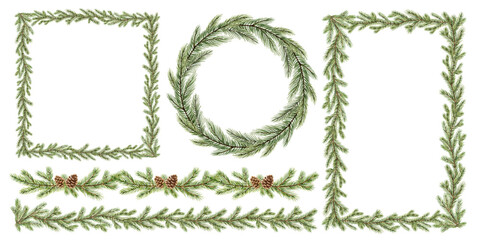 Christmas greenery fir branches frame set. Borders for holiday greeting card and invitation....