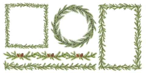 Christmas greenery fir branches frame set. Borders for holiday greeting card and invitation. Watercolor hand painted illustration. Xmas template.