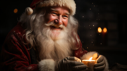 Santa Claus in Iconic Red Attire, His Warm Eyes and Smile Echoing the Kind Spirit of Christmas Eve