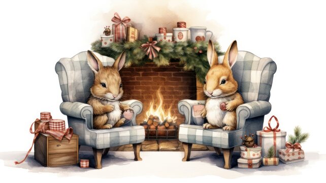 Festive Rodent Friends: Watercolor Squirrel and Bunny Relax by the Fireplace with Presents and Toys