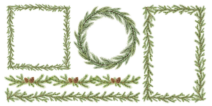 Christmas greenery fir branches frame set. Borders for holiday greeting card and invitation. Watercolor hand painted illustration. Xmas template.
