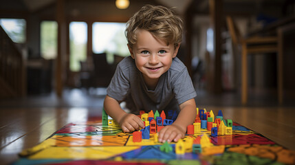 3 year old boy playing on the floor with colored plastic construction pieces. His environment is in a modern house, image with warm and pleasant tones.
