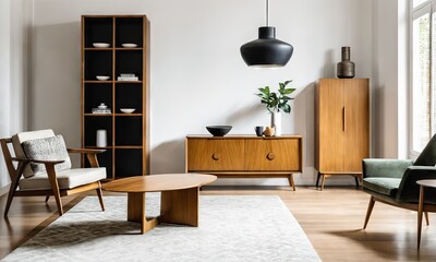 Stylish wooden chair and armchair with a sideboard in a modern living room