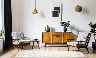 Stylish wooden chair and armchair with a sideboard in a modern living room
