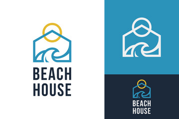 Creative House Home with Wave Beach Ocean Sea and Sun Sunset Logo Design Branding Template