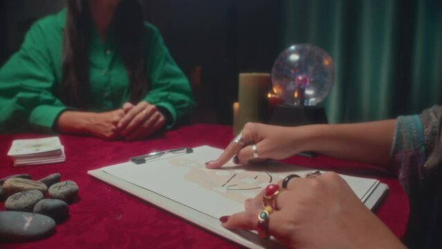 Cropped shot of hands of female healer pointing at chakra chart of client during session