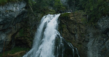 Fototapeta premium Clear spring water of mountain waterfall in Alps. Gollinger Wasserfall in Austria. Stunning view of wild, powerful stream in green forest.