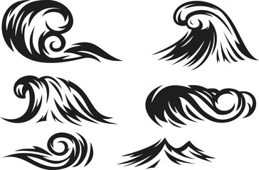 Set water waves different form. Design elements in simple flat style. Ocean, sea or river storm tides. Collection vector illustration for print.