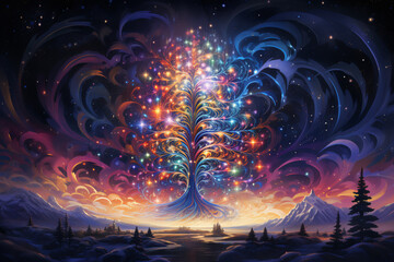 Psychedelic Celestial Tree Illuminated by Prismatic Lights, Swirling Ornaments, and Kaleidoscopic Snowfall, Displaying Fractal Festivity and Entropic Energy, Brilliantly Contrasting the Cosmic Night