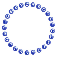 Rosco azul de letras RECORTABLE en PNG transparente sin fondo para jugar a adivinar palabras con definiciones, incluye la Ñ para español - obrazy, fototapety, plakaty