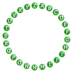 Rosco verde de letras RECORTABLE en JPG para jugar a adivinar palabras con definiciones, incluye la Ñ para español - obrazy, fototapety, plakaty