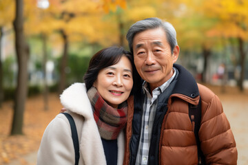 Portrait of an elderly couple together. Happy senior asian couple in autumn park.