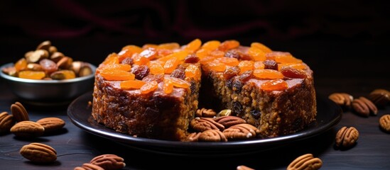 Festive cake with carrot dates dried fruit and nuts flavored with cinnamon enjoyed during Christmas and the New Year in Kerala India and Sri Lanka Sweet treat With copyspace for text