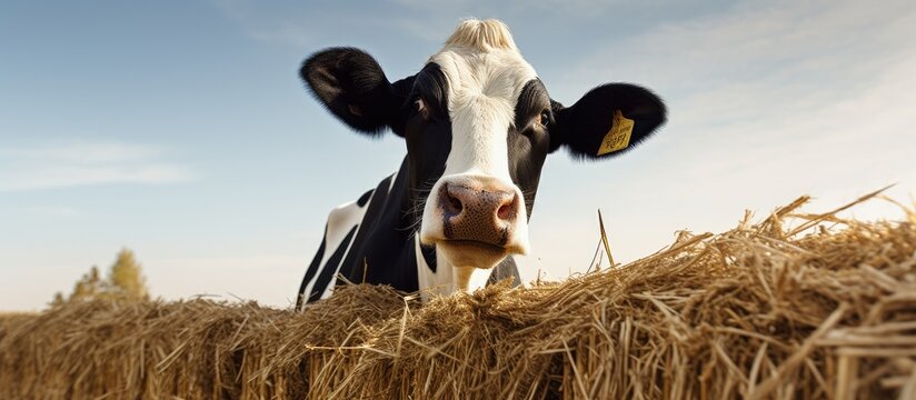 A cow s head in a paddock eating hay on a dairy farm With copyspace for text