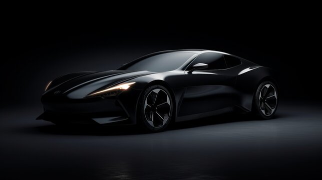 A sleek black sports car in a dimly lit room