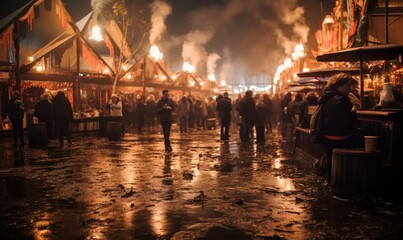 Photo of a bustling night market with a vibrant crowd of people - obrazy, fototapety, plakaty