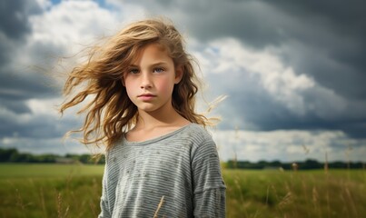 A young girl standing in a field of tall grass